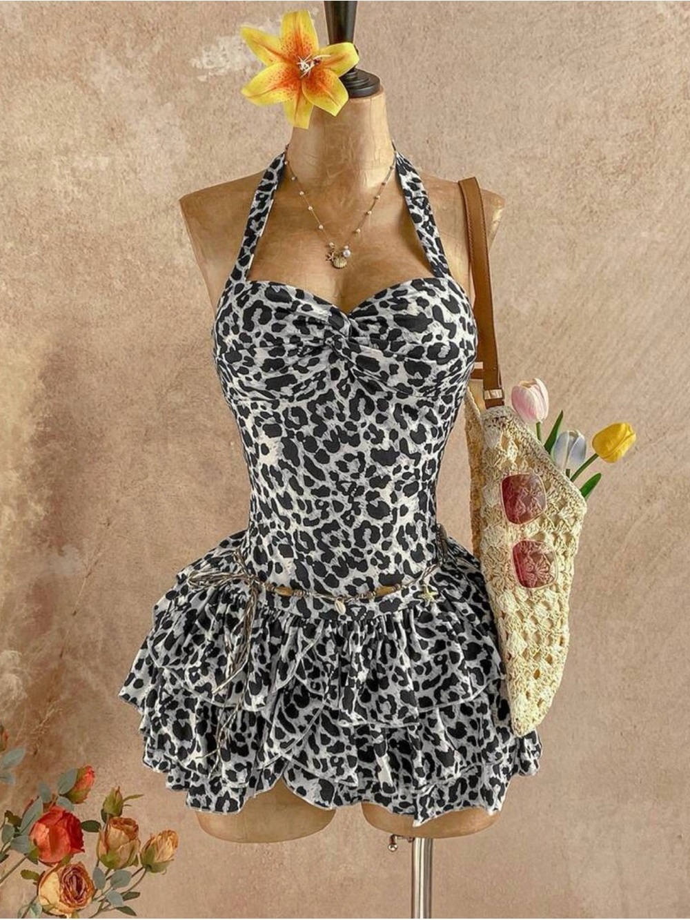 Leopard Print Halter Ruffle Mini Dress - Black & White